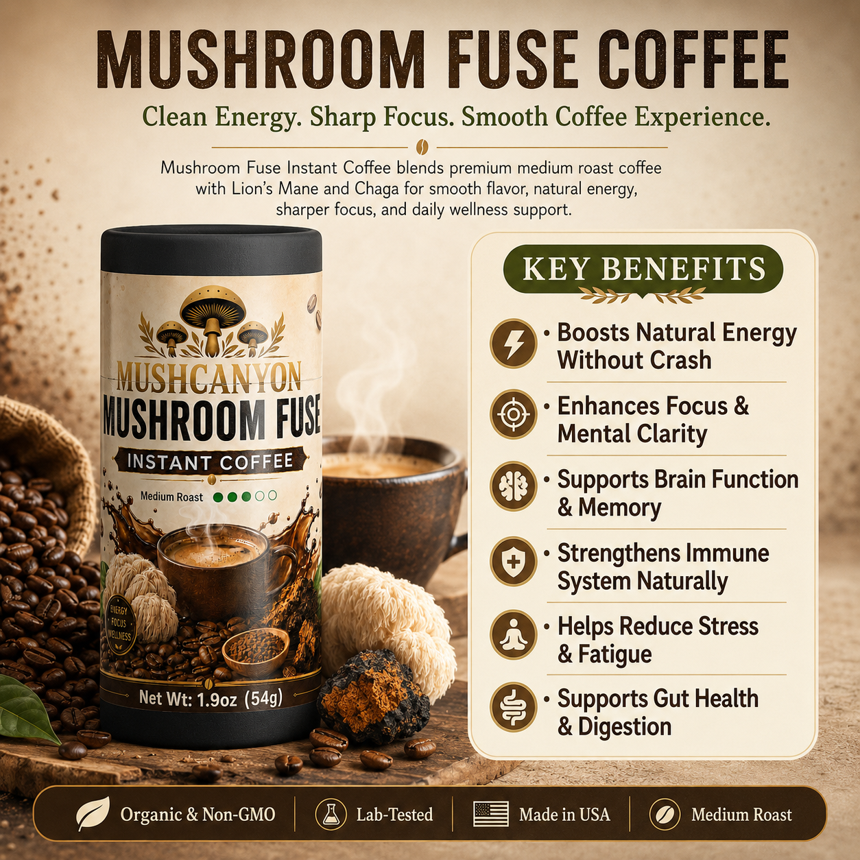 MushCanyon Mushroom Fuse Instant Coffee (Medium Roast)